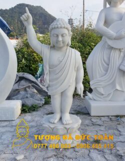 Tượng Phật Đản Sanh đá thạch trắng tự nhiên trước tượng Phật.
