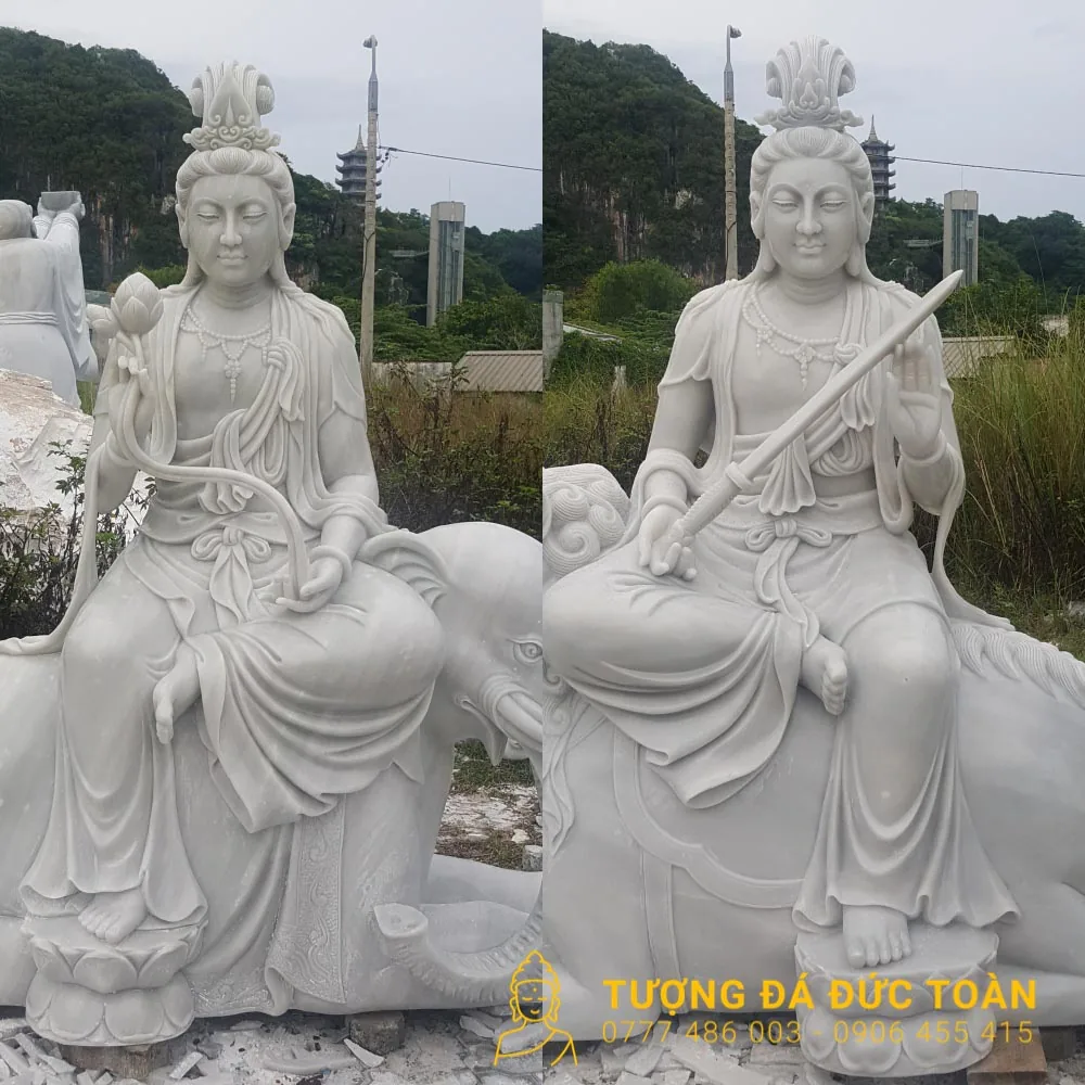 Tượng Văn Thù Phổ Hiền Bồ Tát Đá Cẩm Thạch Trắng Đà Nẵng