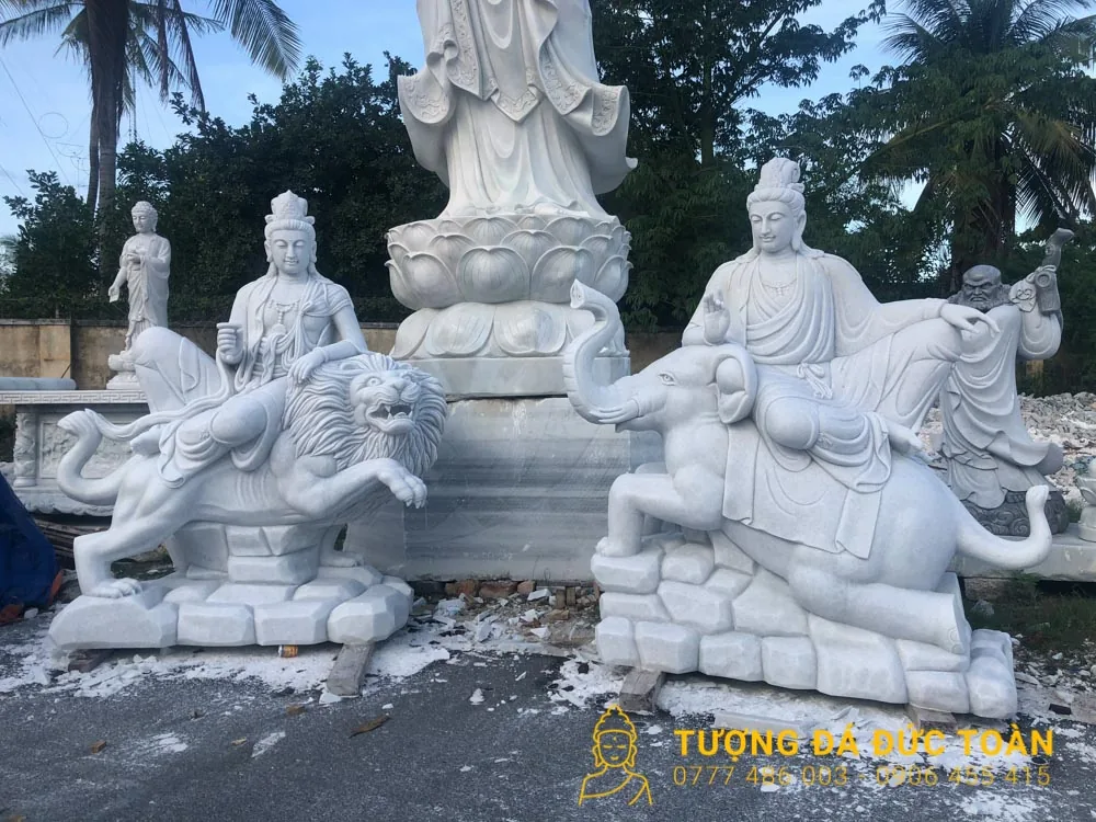 Tượng Văn Thù Phổ Hiền Bồ Tát Đá Cẩm Thạch Nguyên Khối
