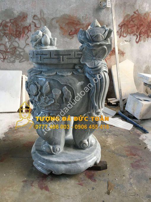 Lư Hương Đá Cẩm Thạch xám Chạm Khắc Hoa Sen