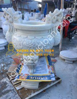 Lư Hương Đá Trắng Chạm Khắc Rồng Nguyên Khối
