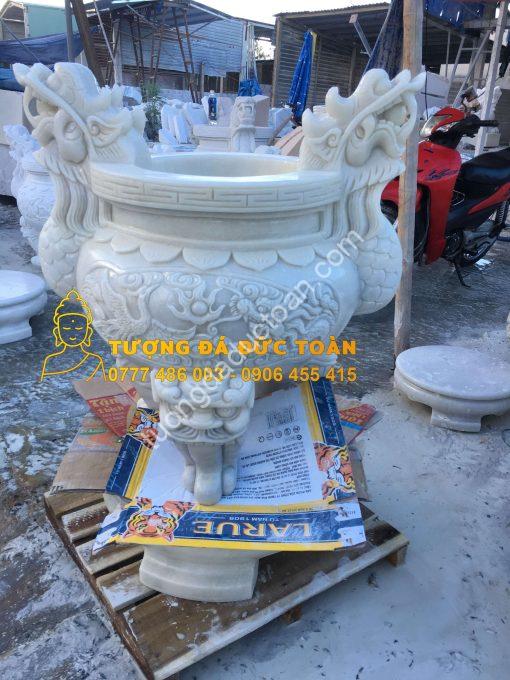Lư Hương Đá Trắng Chạm Khắc Rồng Nguyên Khối