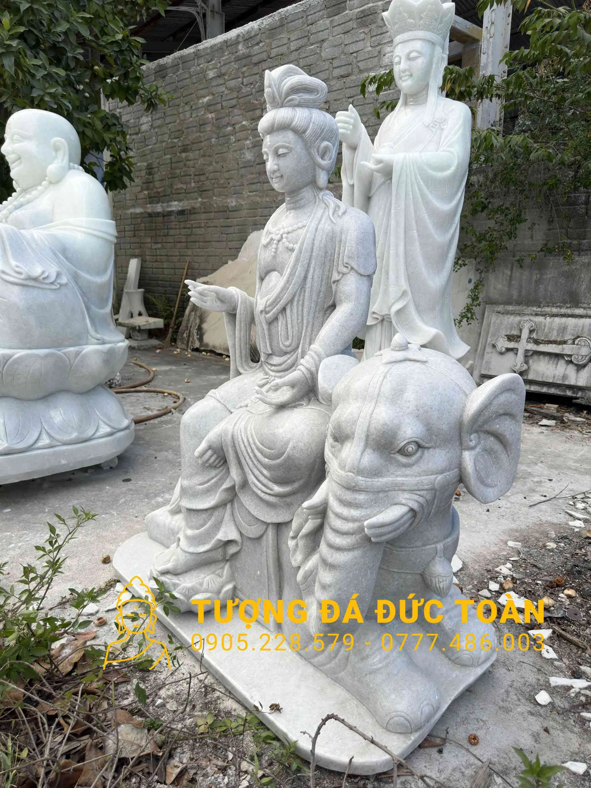 TƯỢNG PHẬT ĐÁ PHỔ HIỀN BỒ TÁT trắng và đàn voi trong sân.