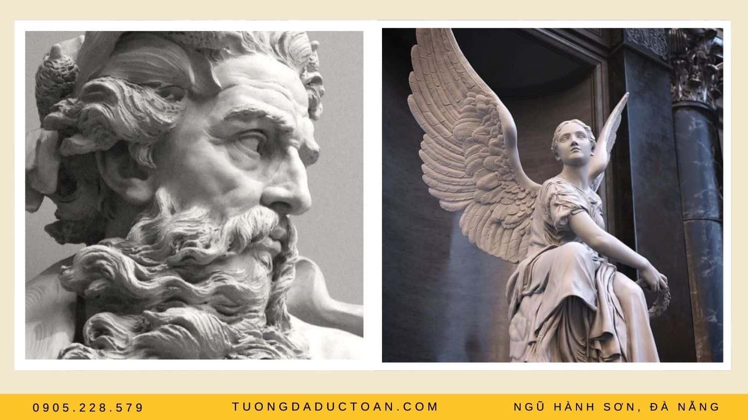 Tượng mặt người đàn ông và tượng nữ thần có đôi cánh