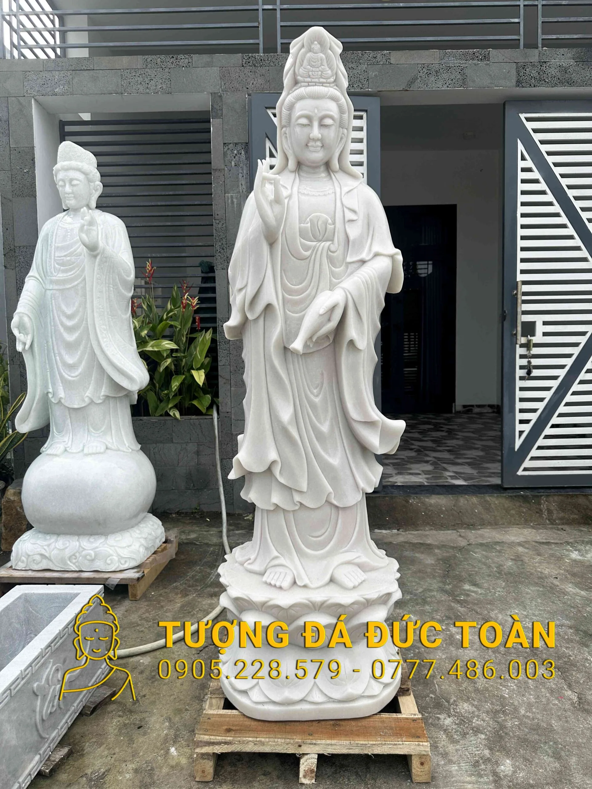 Tượng Phật Quan Âm Đá Cẩm Thạch Trắng Cao 1,8m