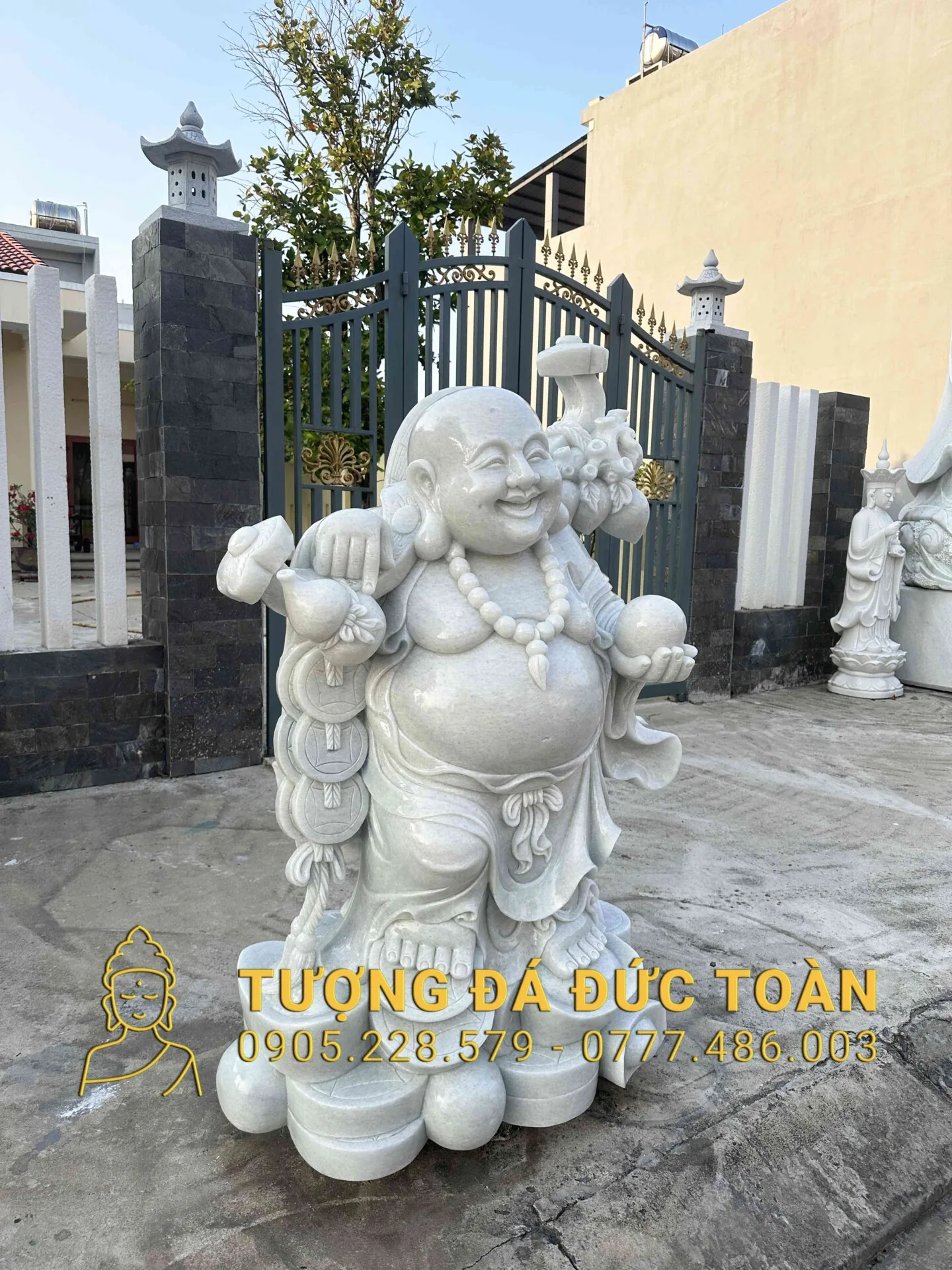 TƯỢNG DI LẶC VÁC CÀNH ĐÀO ĐÁ TRẮNG CAO 1,5M DL_44