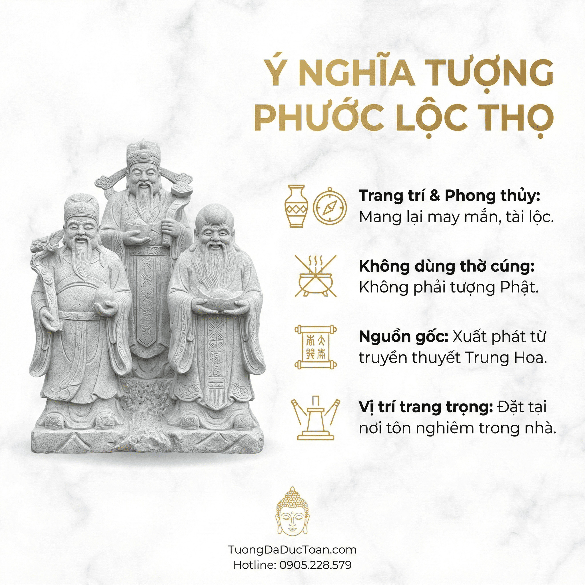 Bộ Phước Lộc Thọ đá cẩm thạch xám