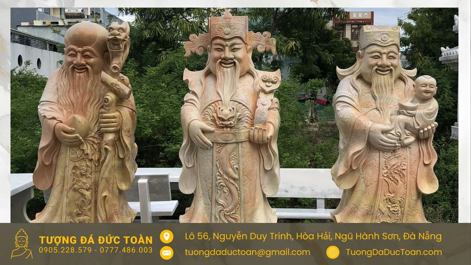 Tượng Phước Lộc Thọ đá cẩm thạch vàng