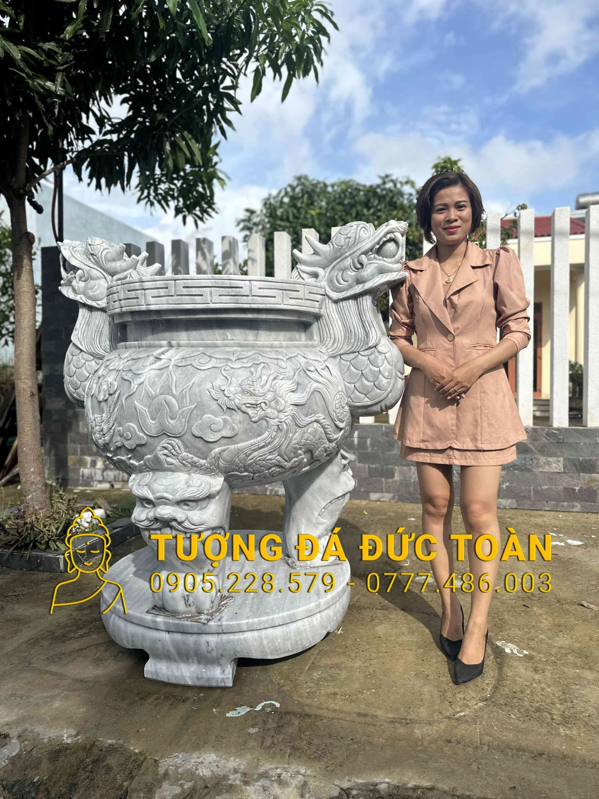 Lư Hương Rồng Đá Cẩm Thạch Xám Nguyên Khối – Pháp Khí Trấn Trạch & Tụ Khí Linh Thiêng