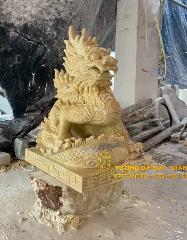 Tượng Rồng Đá Cẩm Thạch Vàng Nguyên Khối – Vương Quyền, Hưng Thịnh & Chiêu Tài Lộc