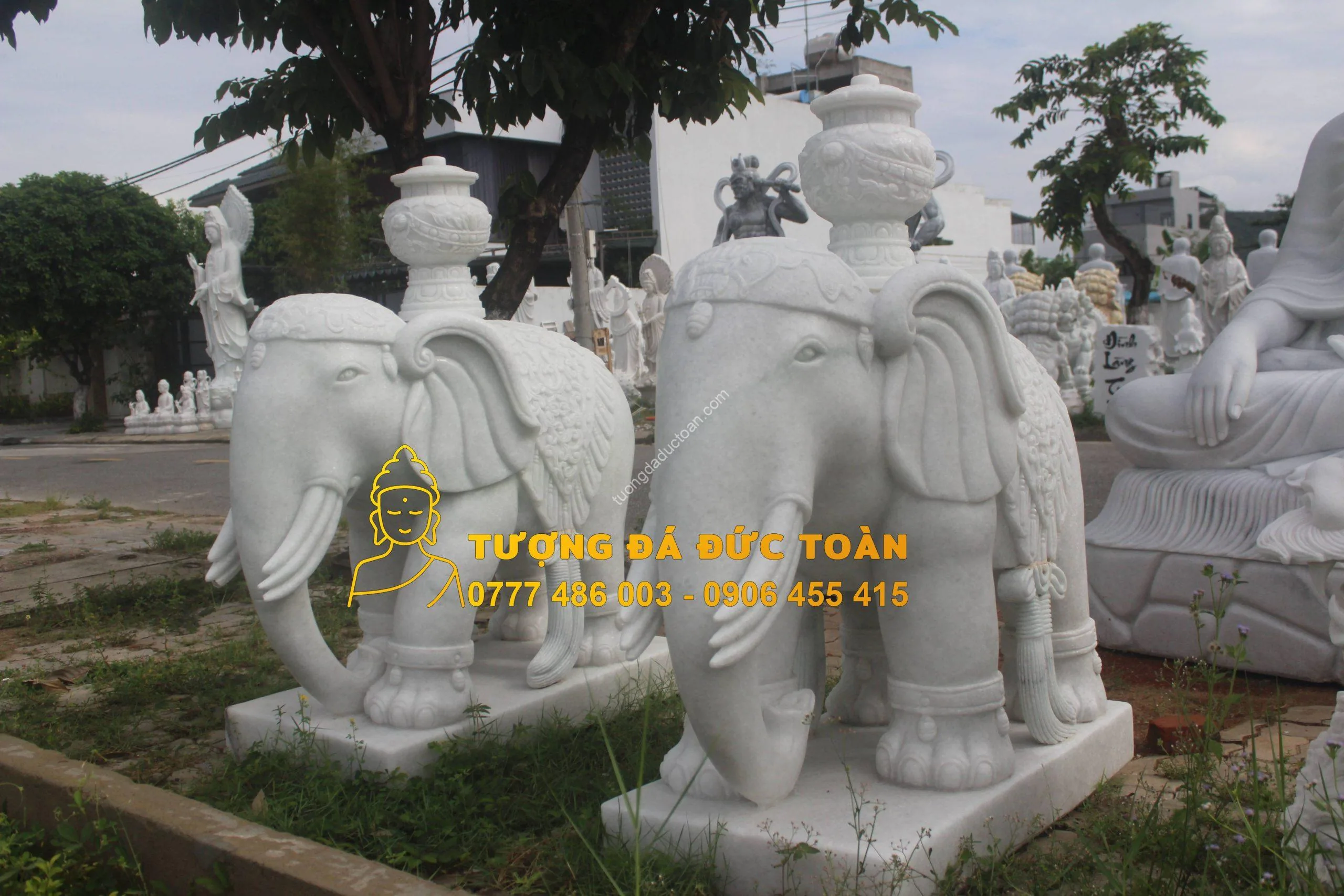 Tượng Voi Đá Cẩm Thạch Trắng Nguyên Khối Tự Nhiên – Uy Nghiêm, Chiêu Tài & Trường Tồn