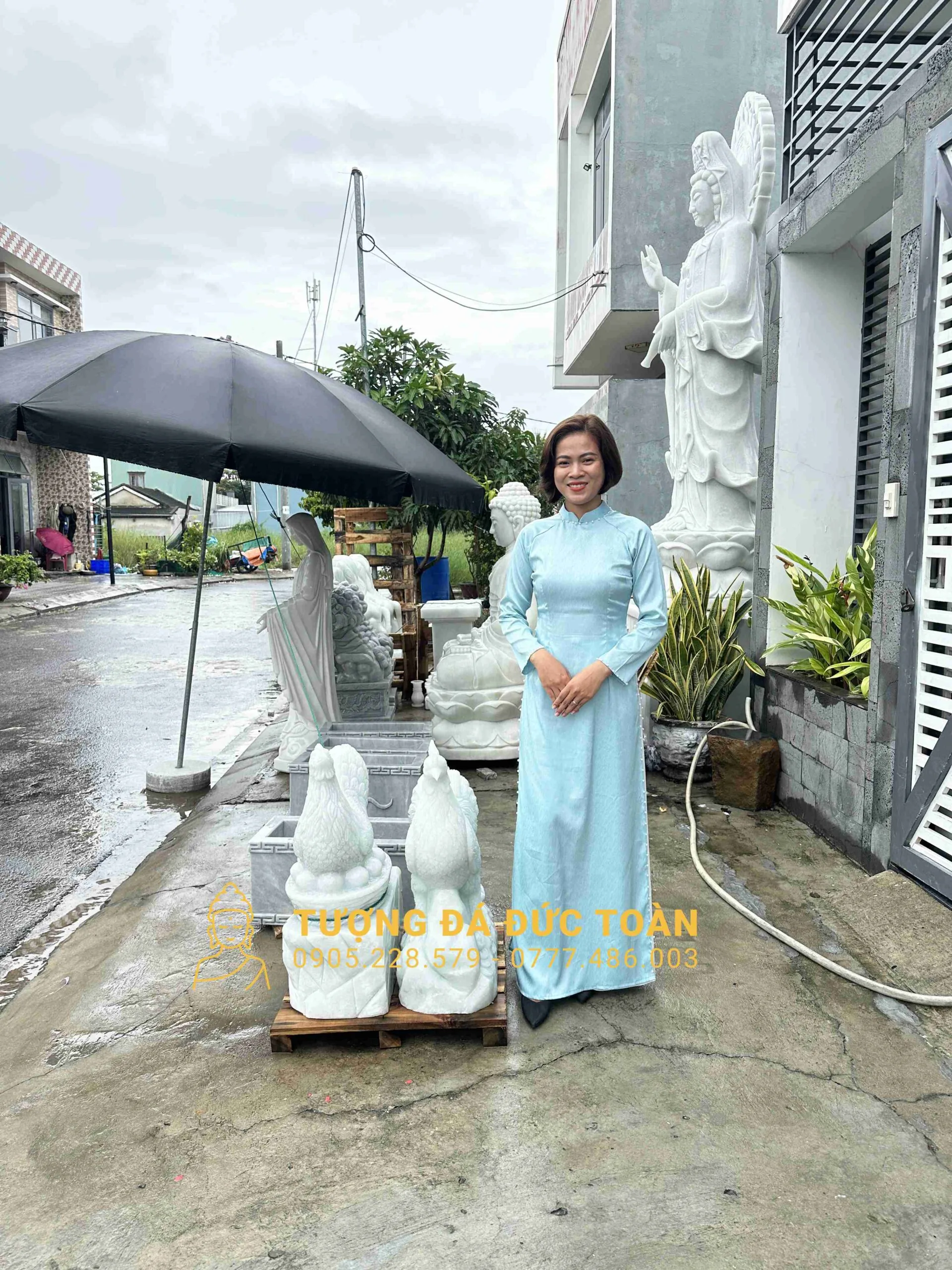 Tượng Gà Trống Và Mái Cao 70cm Đá Cẩm Thạch Trắng Đẹp – Biểu Tượng Của Hạnh Phúc Viên Mãn & Tài Lộc