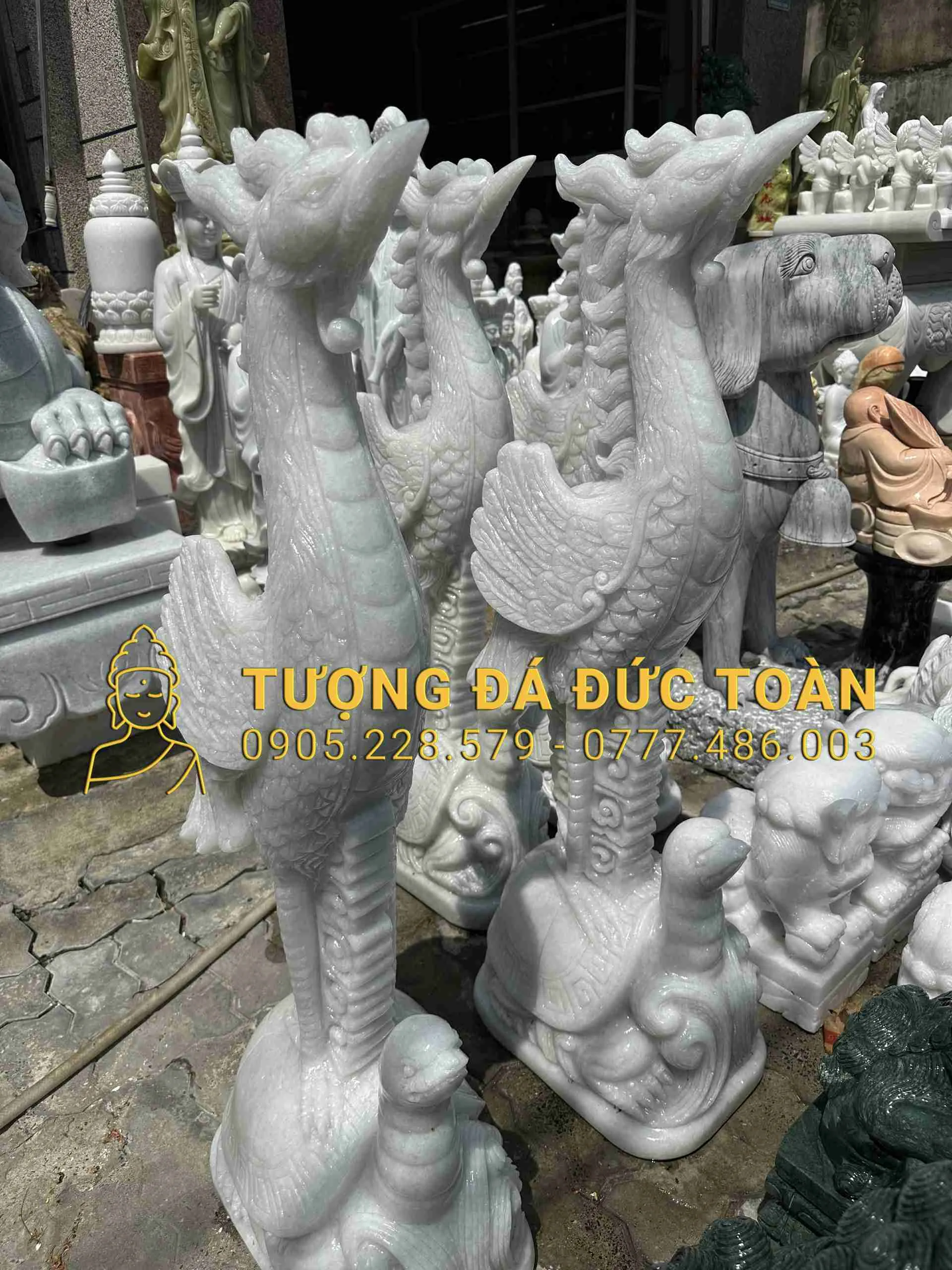 Cặp Hạc Đá Cẩm Thạch Trắng Nguyên Khối – Linh Vật Phong Thủy Trường Thọ & Cát Tường