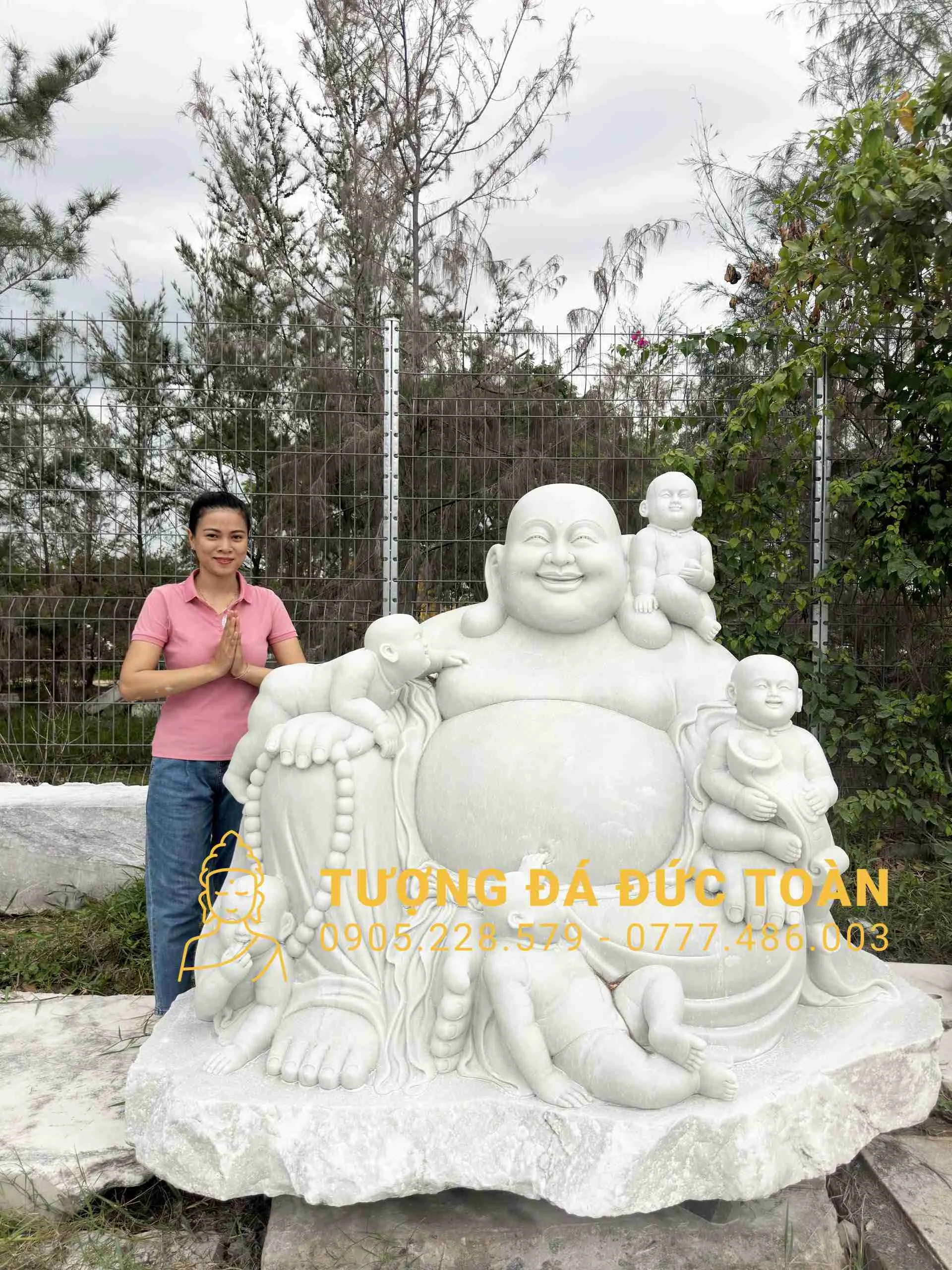 TƯỢNG PHẬT DI LẶC NGŨ PHÚC ĐÁ CẨM THẠCH TRẮNG CAO 1M6