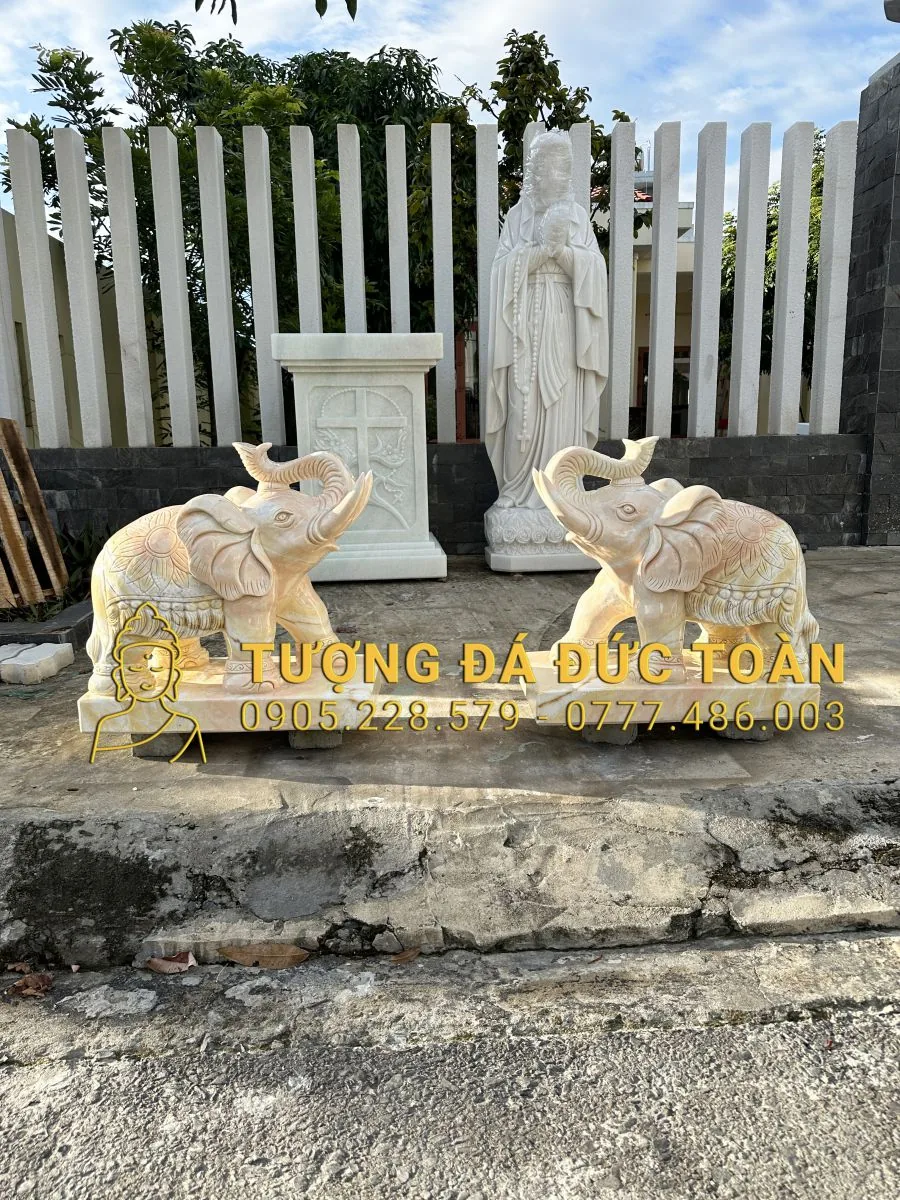 TƯỢNG VOI ĐÁ CẨM THẠCH VÀNG NGUYÊN KHỐI VOI_15 – PHONG THỦY MAY MẮN, UY NGHIÊM TRẤN TRẠCH, GIÁ TỐT