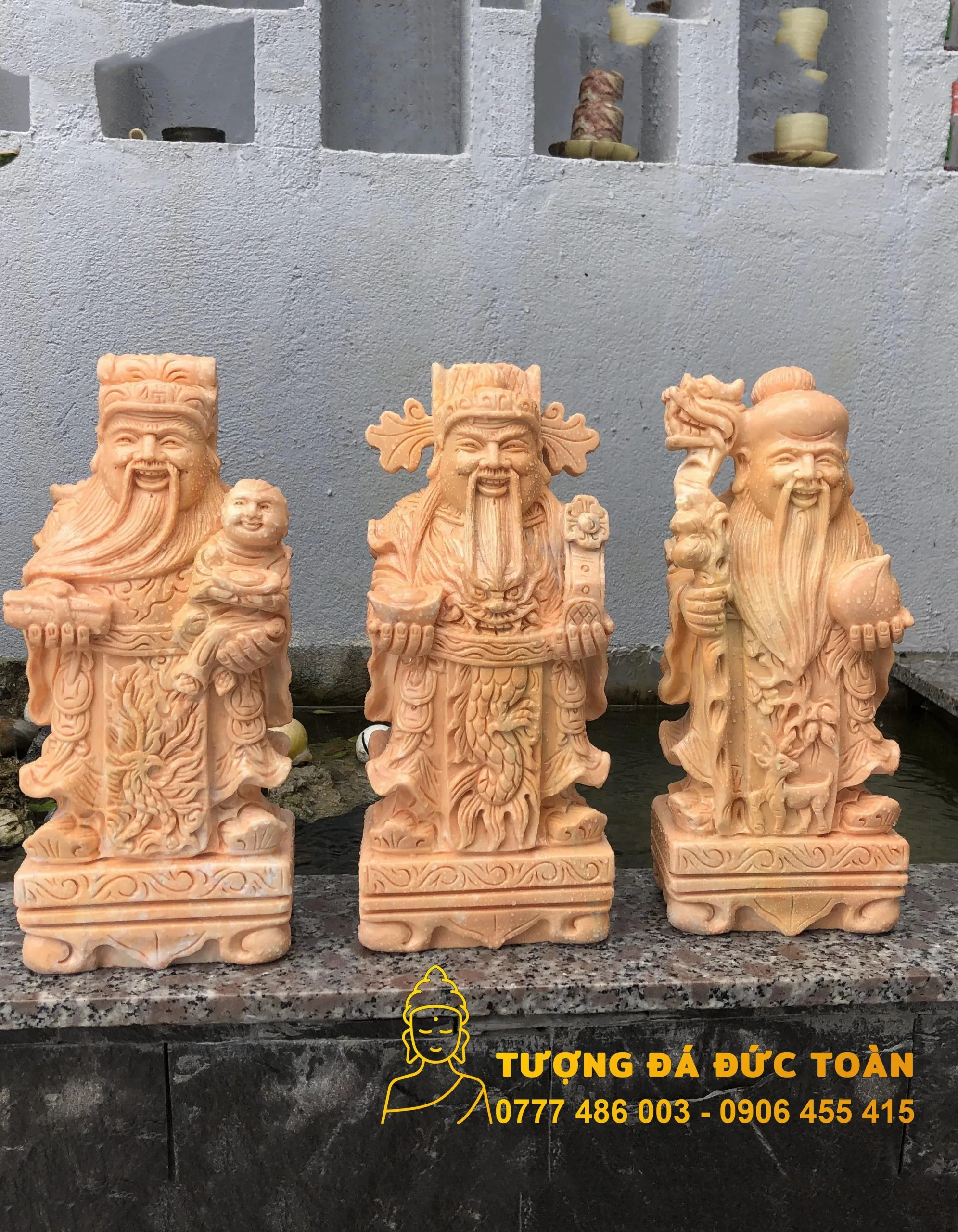 Tượng Phúc Lộc Thọ để bàn đá cẩm thạch vàng