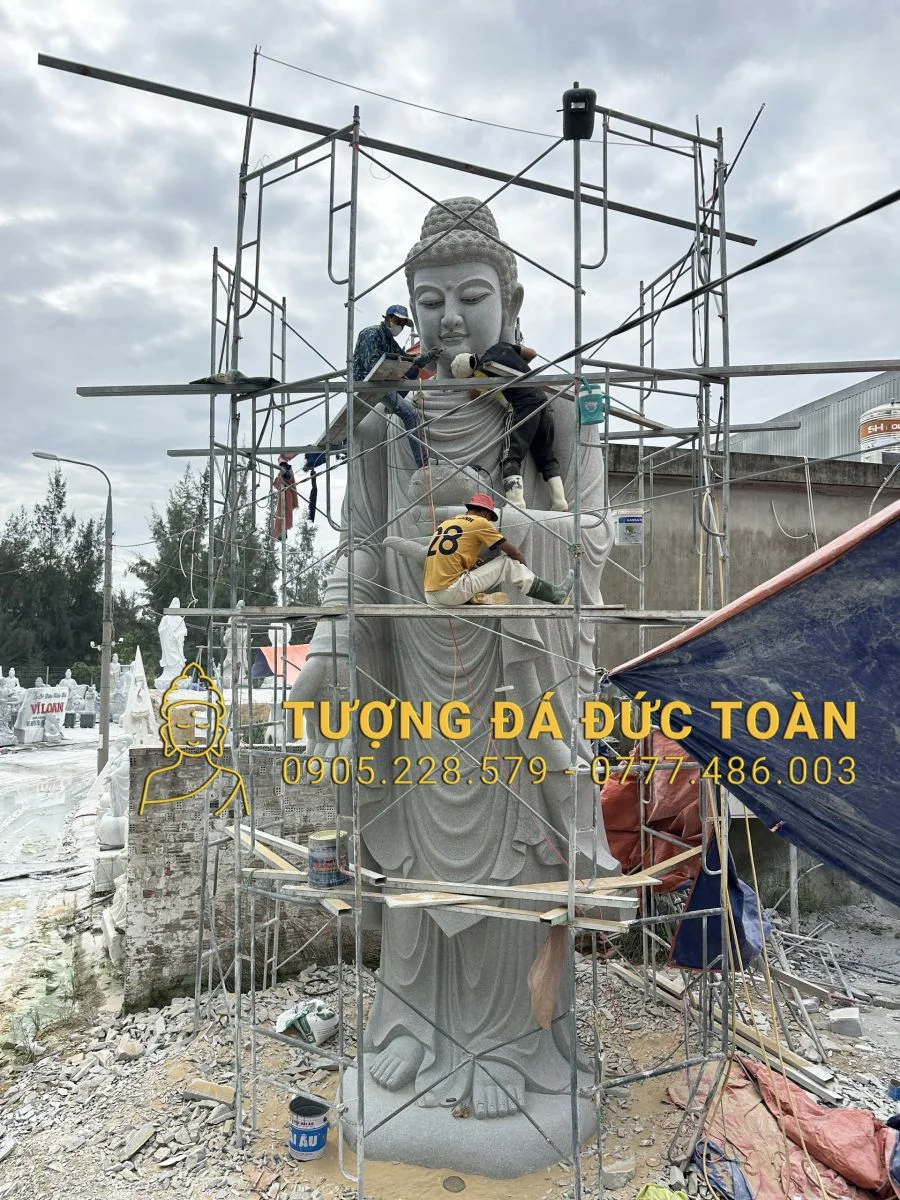 Tượng Phật A Di Đà Đá Cẩm Thạch Trắng Đứng Đài Sen