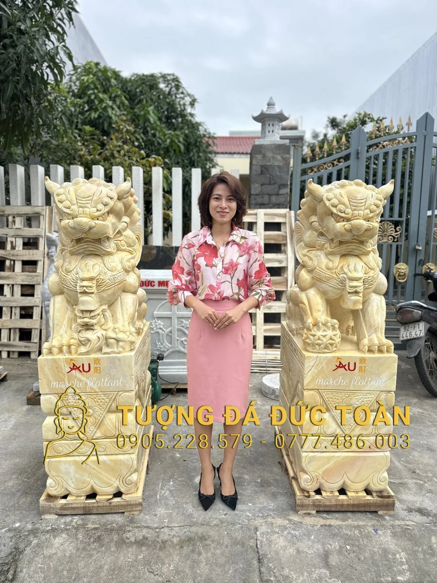 Tượng Kỳ Lân Đá Cẩm Thạch Vàng Nguyên Khối, Cao 1,5m – Linh Vật Chiêu Tài & Hóa Giải Tam Sát