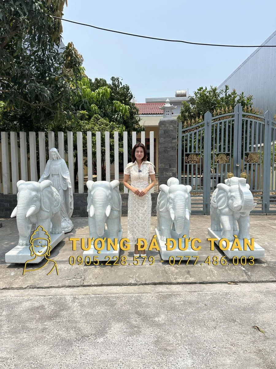 Điêu Khắc 2 cặp Voi Đá Cẩm Thạch Trắng Tự Nhiên, Cao 1,06m – Cát Tường, Trấn Trạch & Chiêu Tài