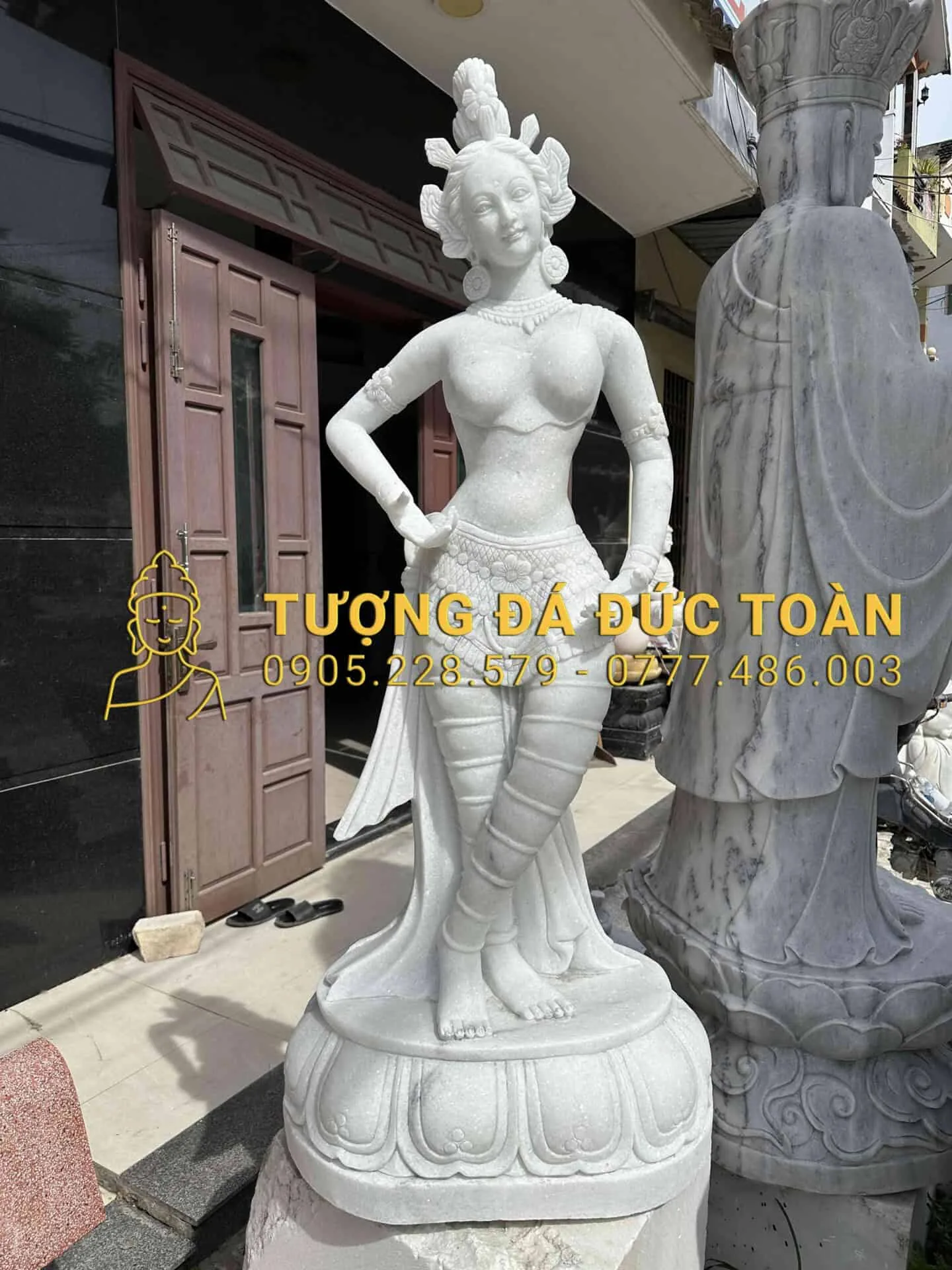 Tượng Cô Gái Chăm Pa Cao 1,5m Đá Trắng CP_09 – Tinh Hoa Văn Hóa & Vẻ Đẹp Hoàn Mỹ