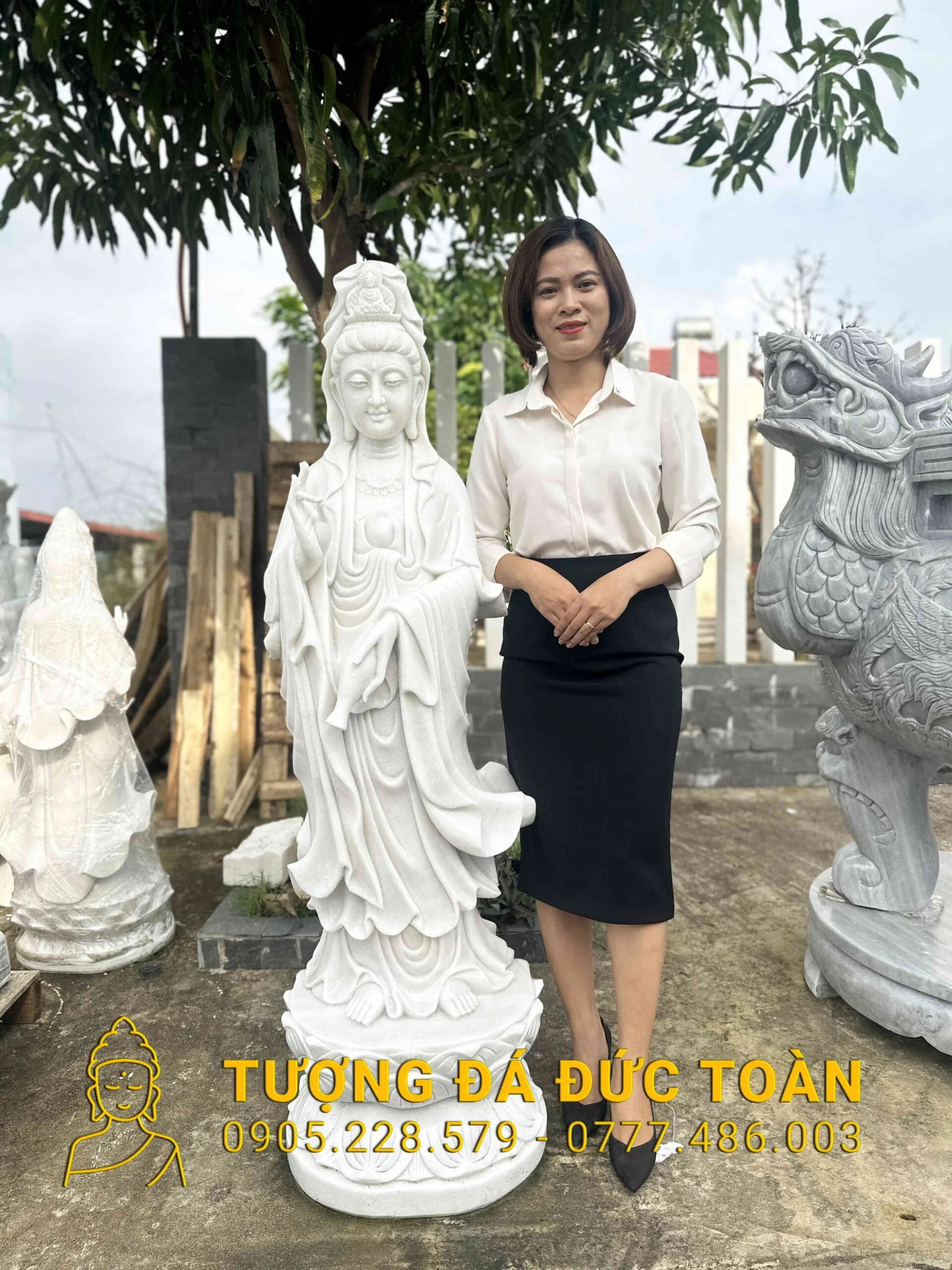 TƯỢNG QUAN ÂM ĐÁ CẨM THẠCH TRẮNG CAO 1,5M