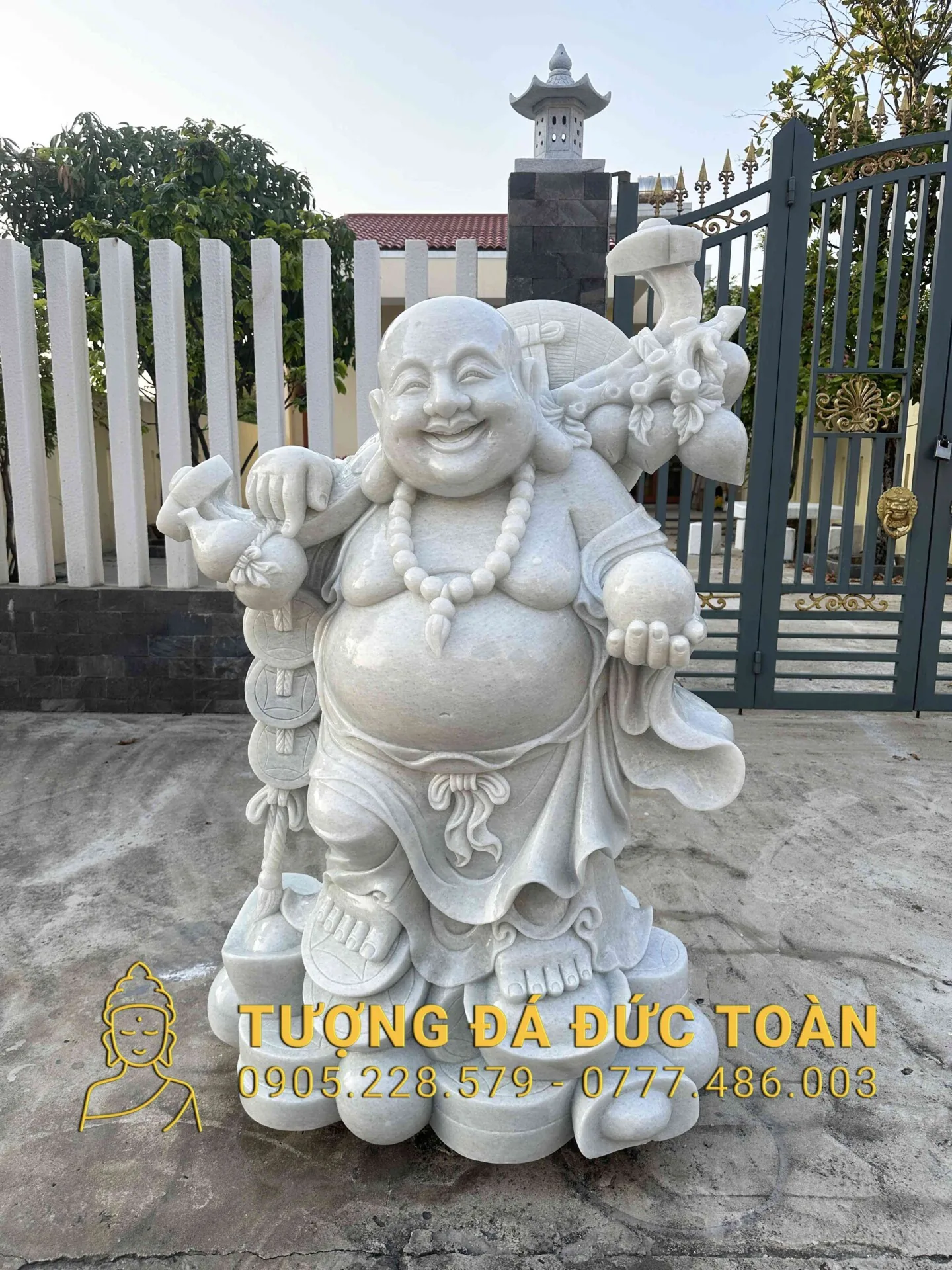 TƯỢNG DI LẶC VÁC CÀNH ĐÀO ĐÁ TRẮNG CAO 1,5M DL_44