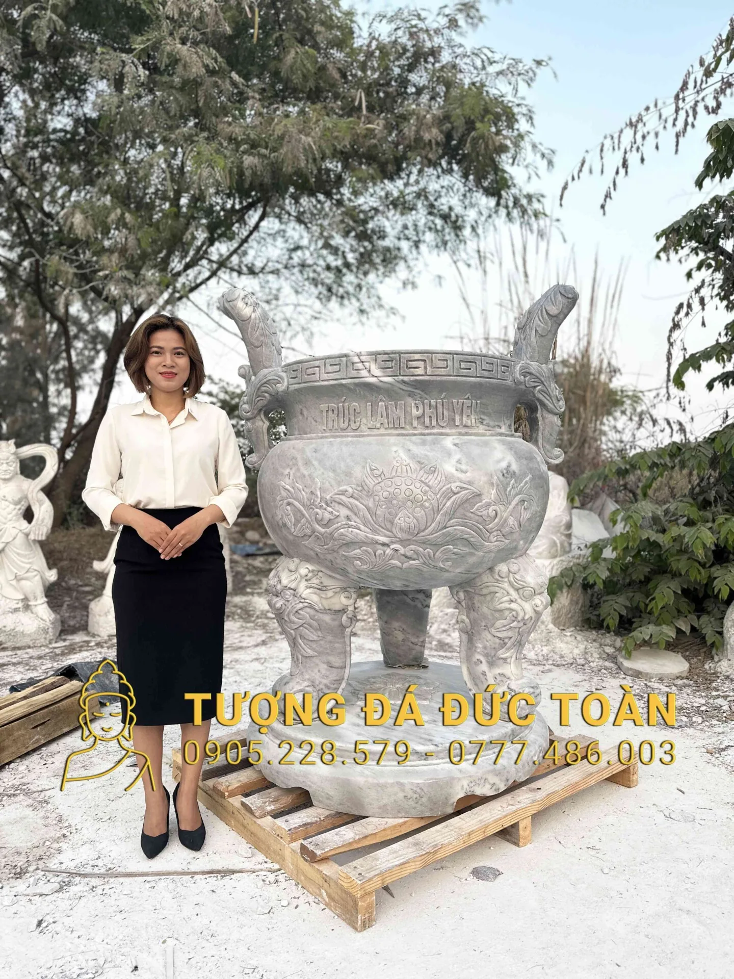 Lư Hương Đá Cẩm Thạch Xám Cao 1,7m LH_31 – Khí Cụ Tâm Linh Uy Nghiêm