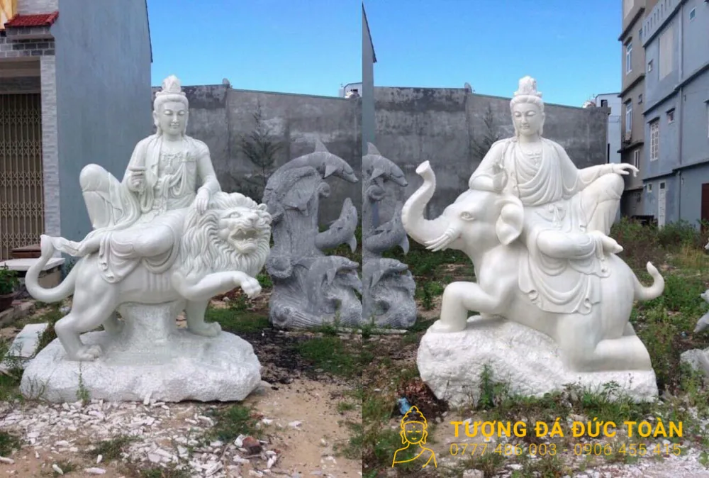 Tượng Văn Thù Phổ Hiền Bồ Tát Đá Mỹ Nghệ Màu Trắng Non Nước Đà Nẵng