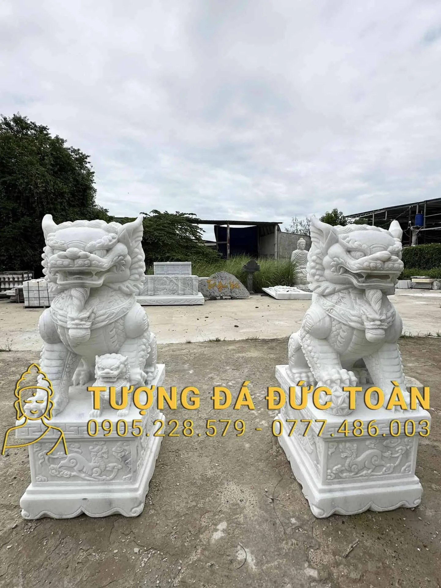 Tượng Nghê Đá Cao 1,2m Đá Trắng NGHE_11: Linh Vật Trấn Trạch & Chiêu Tài Lộc