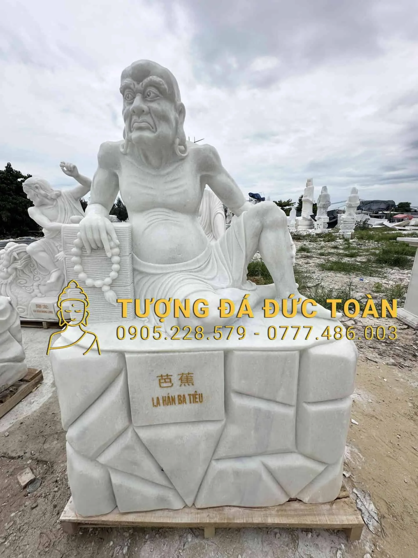 Tượng La Hán Ba Tiêu Cao 1,5m Đá Trắng PLH_66: Uy Nghiêm, Thanh Tịnh & Chuẩn Phong Thủy