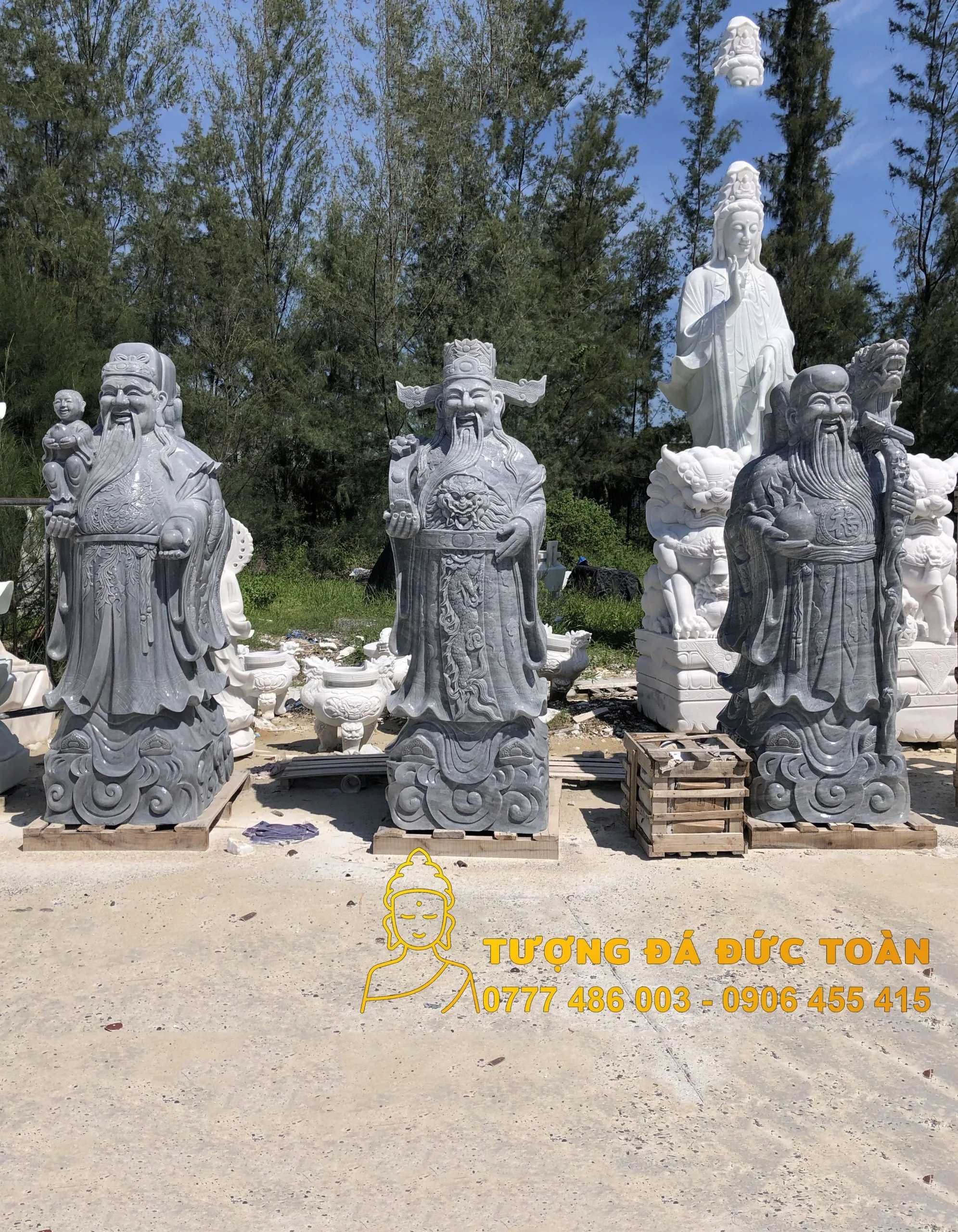 Bộ Phước Lộc Thọ Đá Cẩm Thạch Xám Nguyên Khối 1.5m