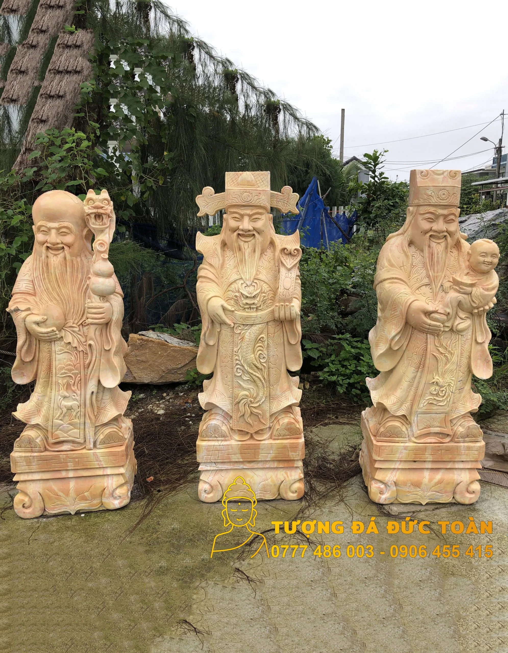 Tượng Phước Lộc Thọ đá Cẩm Thạch Vàng Nguyên Khối