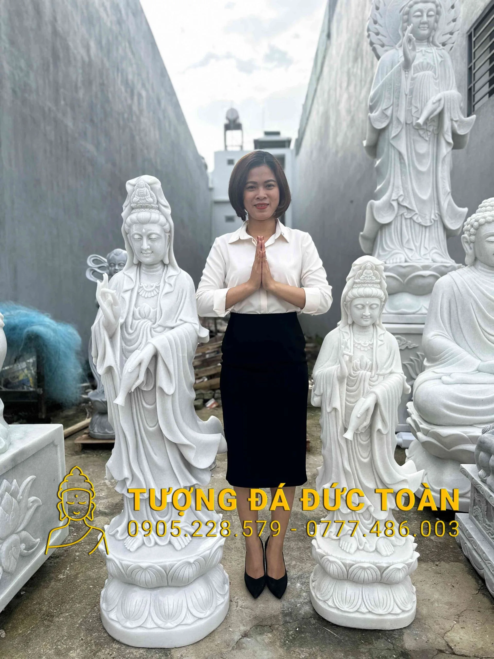 TƯỢNG PHẬT QUAN ÂM ĐÁ CẨM THẠCH TRẮNG MỊN 1,5M