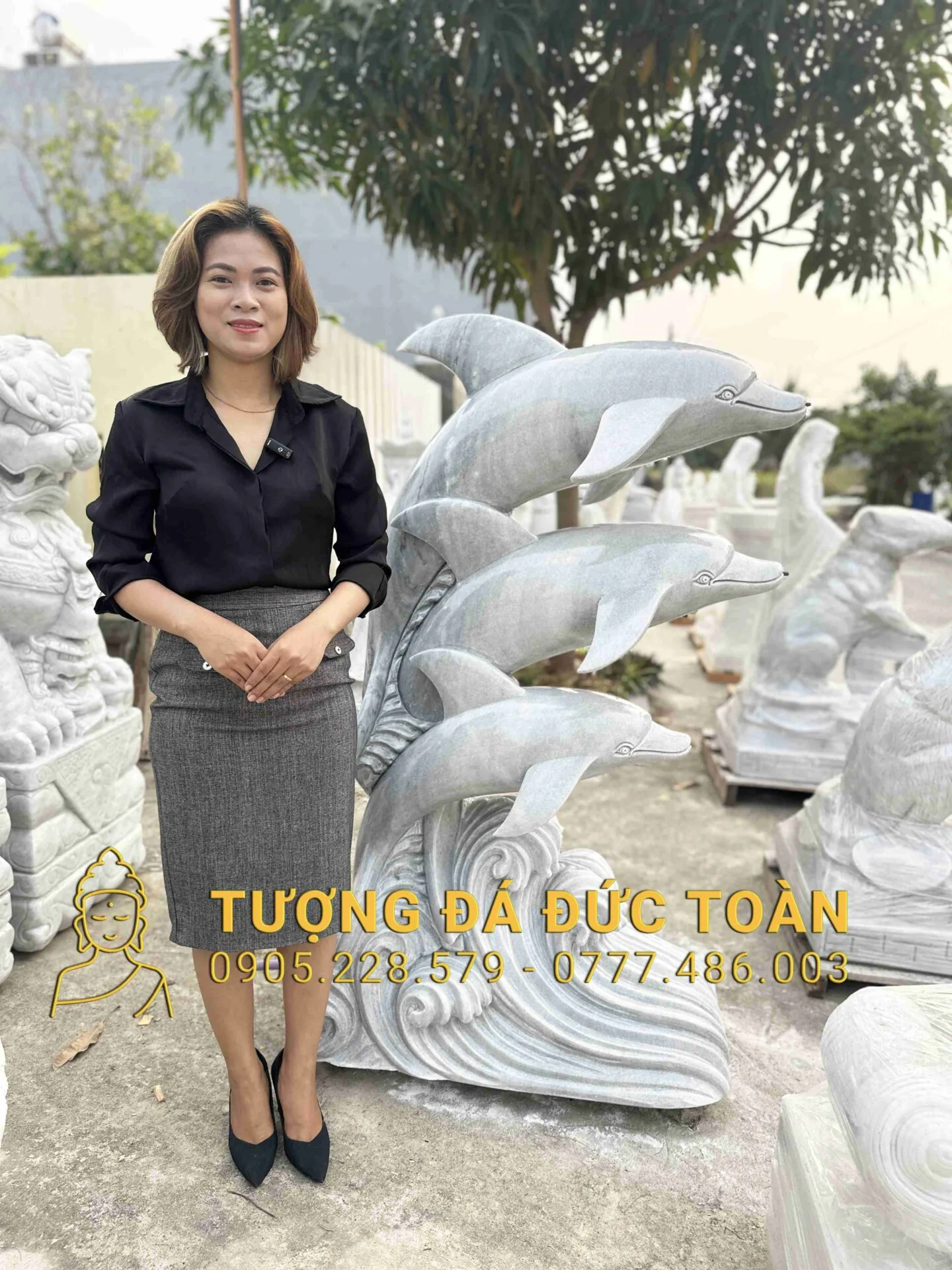 Tượng Cá Heo Đá Cẩm Thạch Xám Đẹp CAHEO_09 – Vẻ Đẹp Hiện Đại, Tinh Tế & Trường Tồn