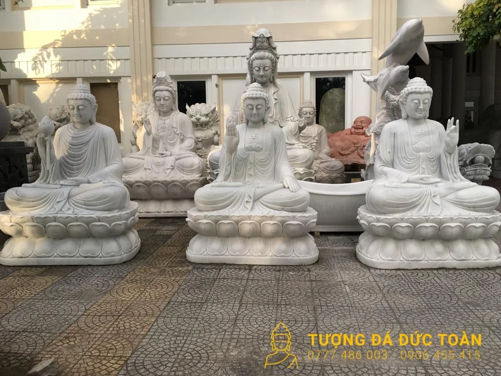 Tượng Tam Thế Phật Ngồi Đá Nguyên Khối Cẩm Thạch
