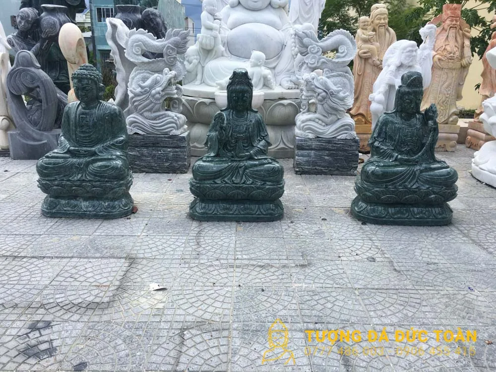Tượng Tam Thế Phật Đá Nguyên Khối Cẩm Thạch Xanh