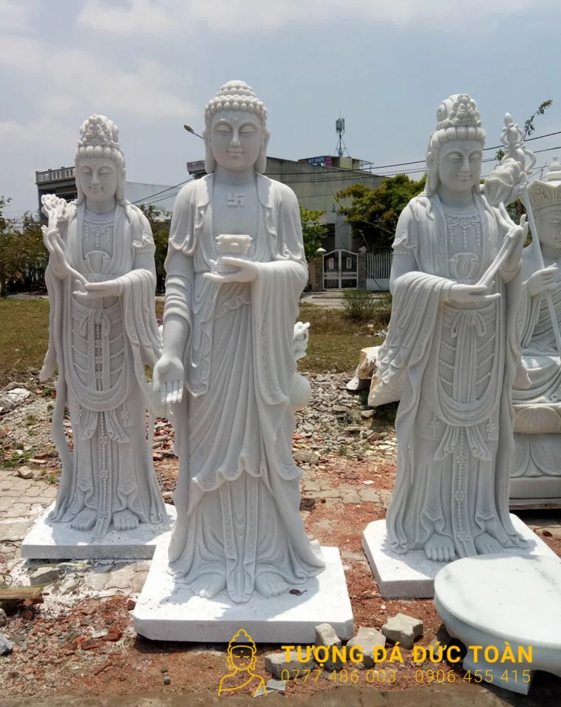 Tượng Tam Thế Phật Đá Cẩm Thạch Màu Trắng Nguyên Khối