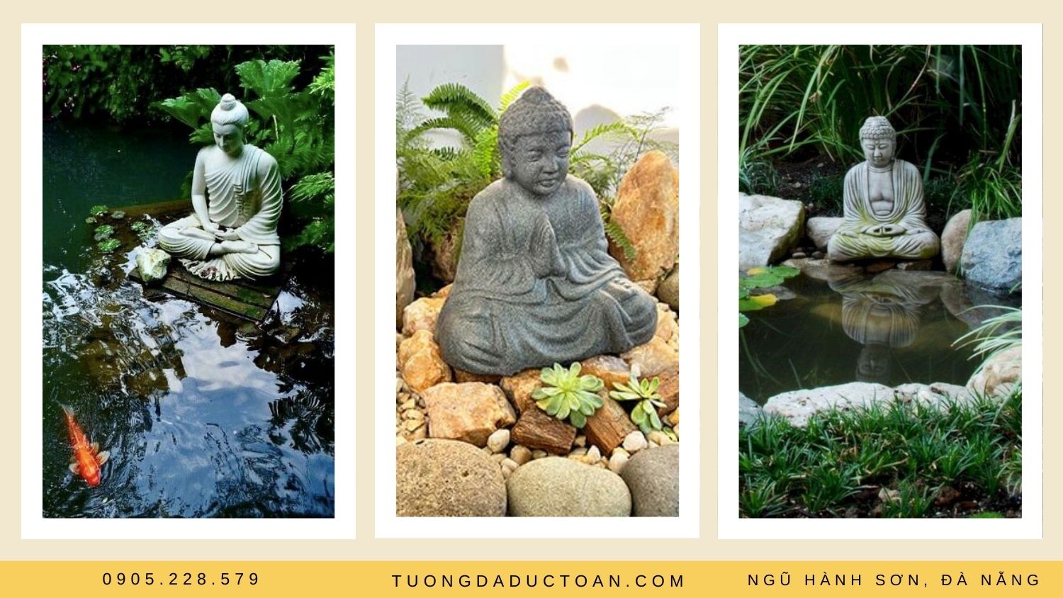 Tượng Phật sân vườn kết hợp với hồ cá