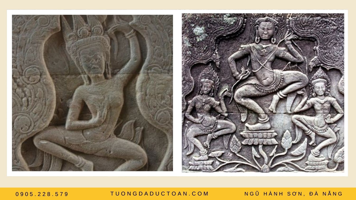 tượng Apsara ở trong tư thế khỏa thân nửa phần trên của cơ thể, để lộ ra bộ ngực căng đầy sức sống.