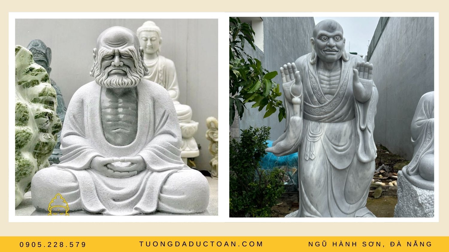 Tượng Đạt Ma Tổ Sư và tượng La Hán bằng đá tự nhiên trắng xám