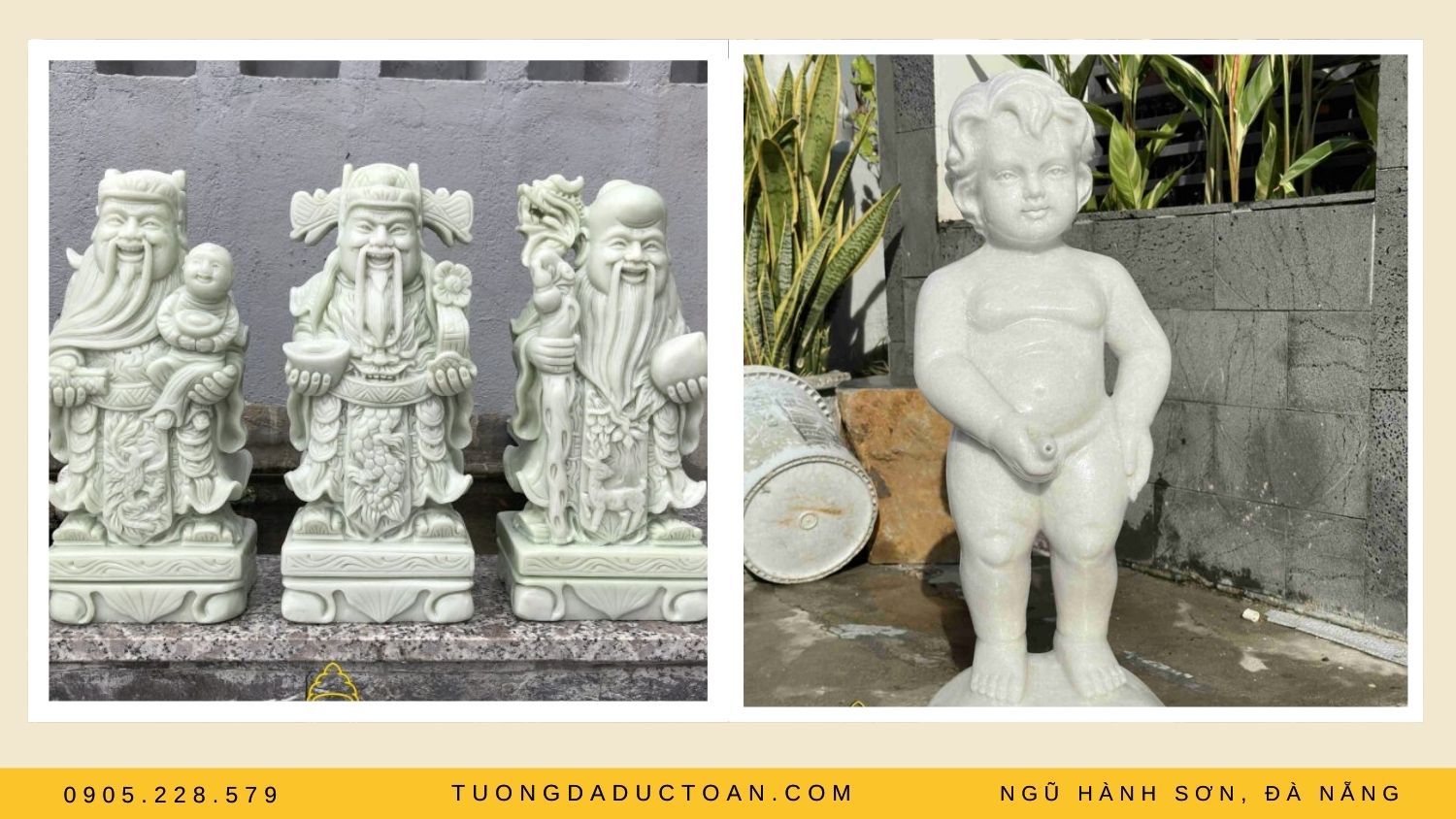 Tượng Phước Lộc Thọ và Tượng cậu bé đứng tè bằng đá cẩm thạch trắng