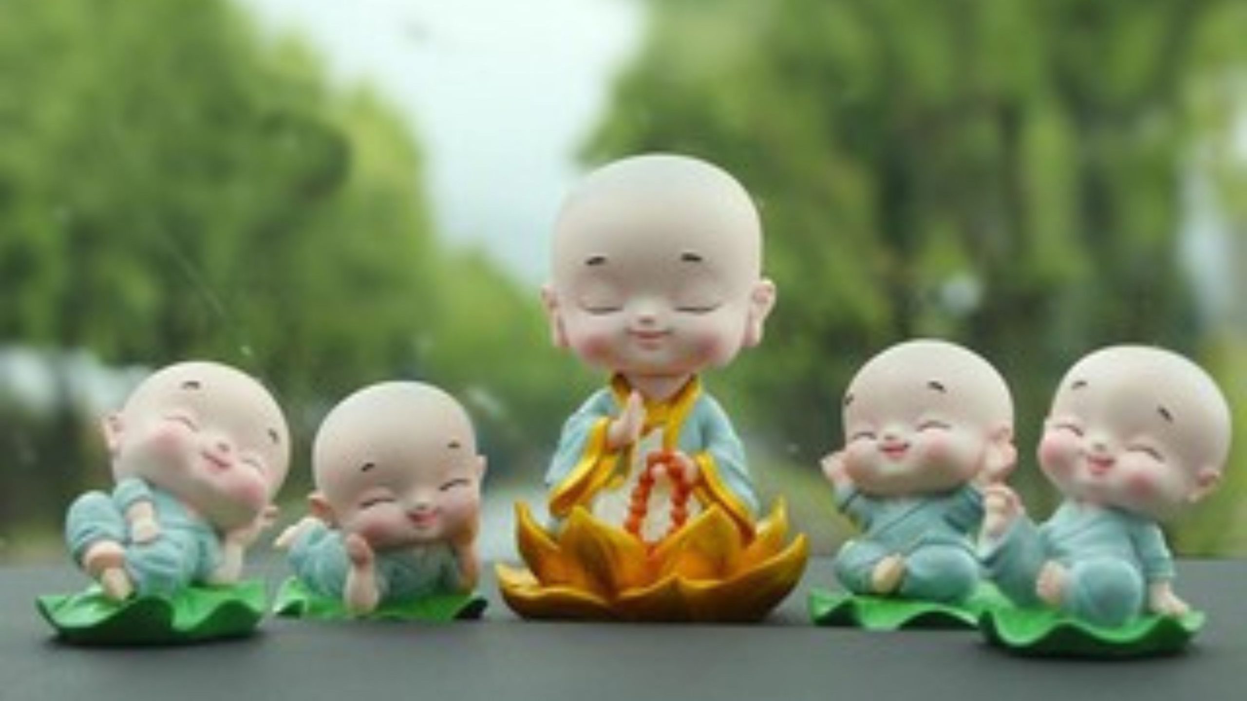 Năm chú tiểu nhỏ ngồi trên bông sen.