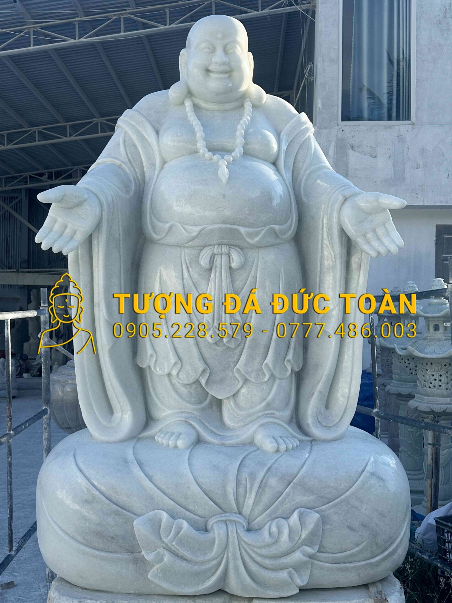 TƯỢNG DI LẶC ĐỨNG TÚI TIỀN ĐÁ TRẮNG NGUYÊN KHỐI CAO 1,5M DL_05