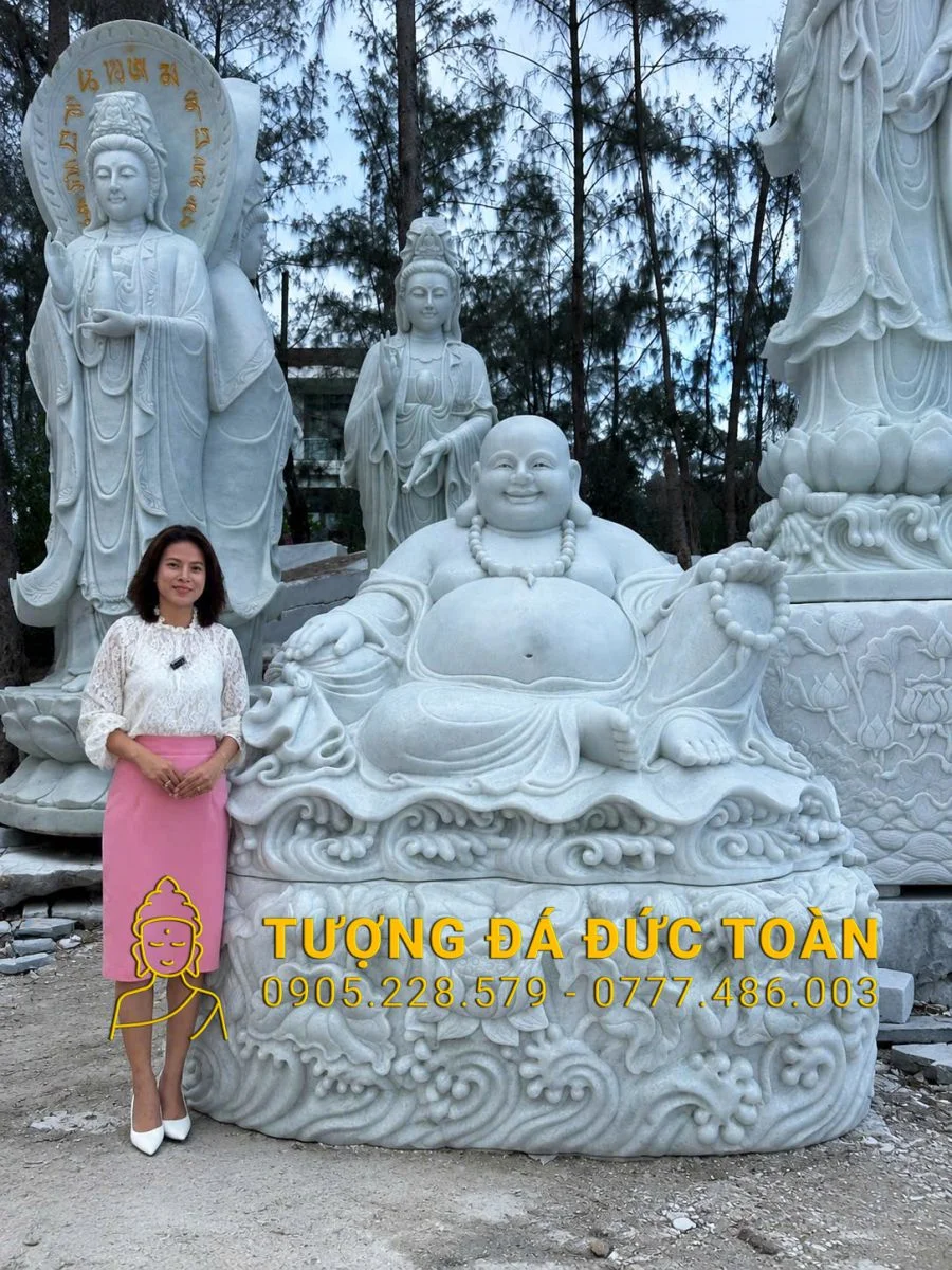 TƯỢNG PHẬT DI LẶC ĐÁ CẨM THẠCH TRẮNG ĐẸP TỰ NHIÊN CAO 2M KÈM ĐẾ SEN