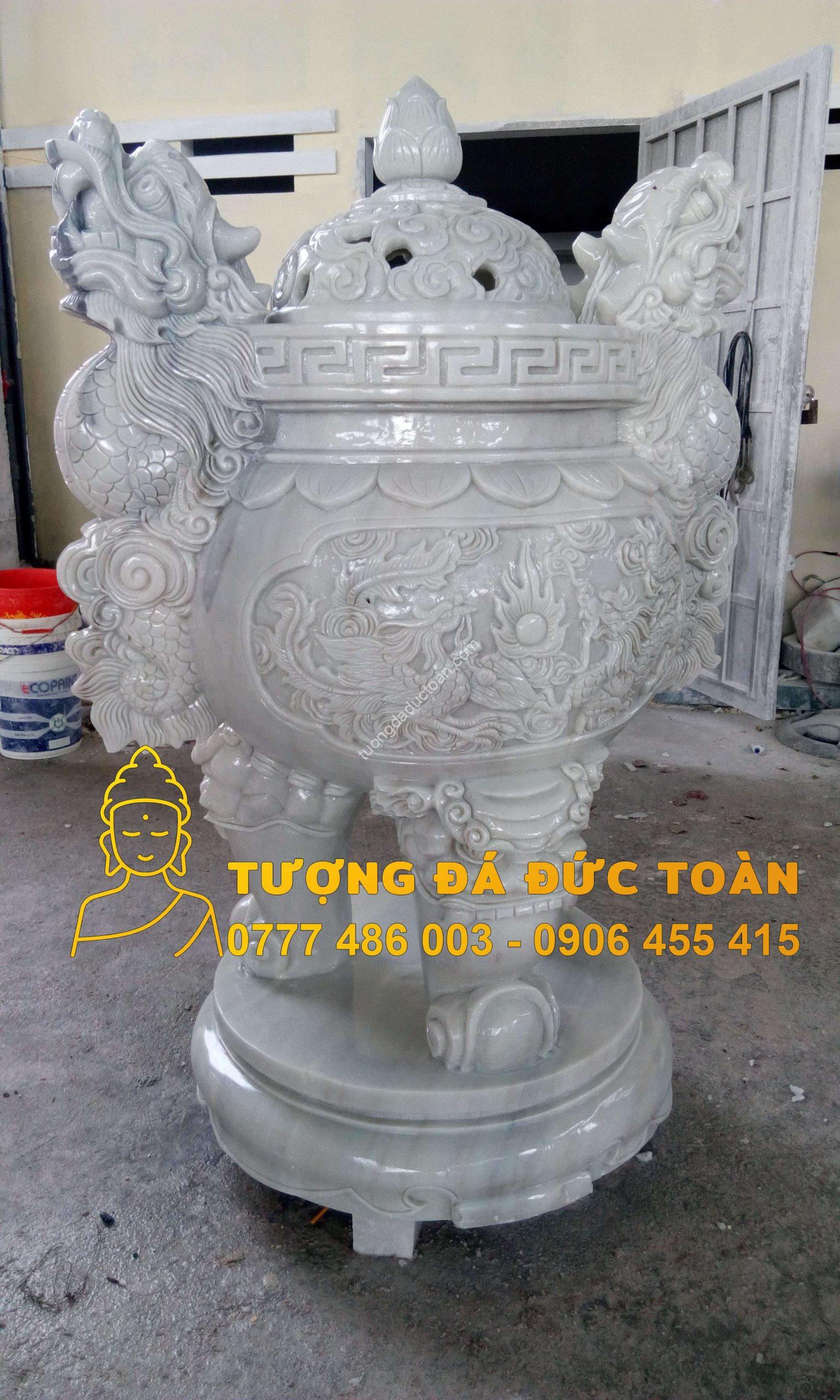 Lư Hương Đá Cẩm Thạch Trắng Nguyên Khối