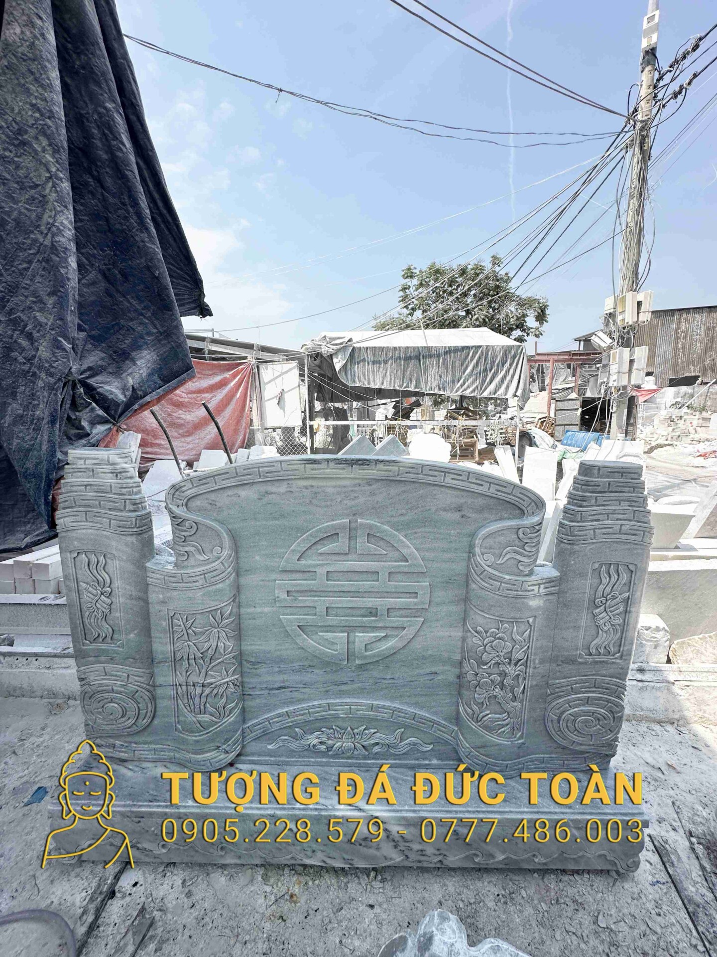 BỨC BÌNH PHONG ĐÁ CẨM THẠCH XÁM NGUYÊN KHỐI CHẠM 1 MẶT CT_06