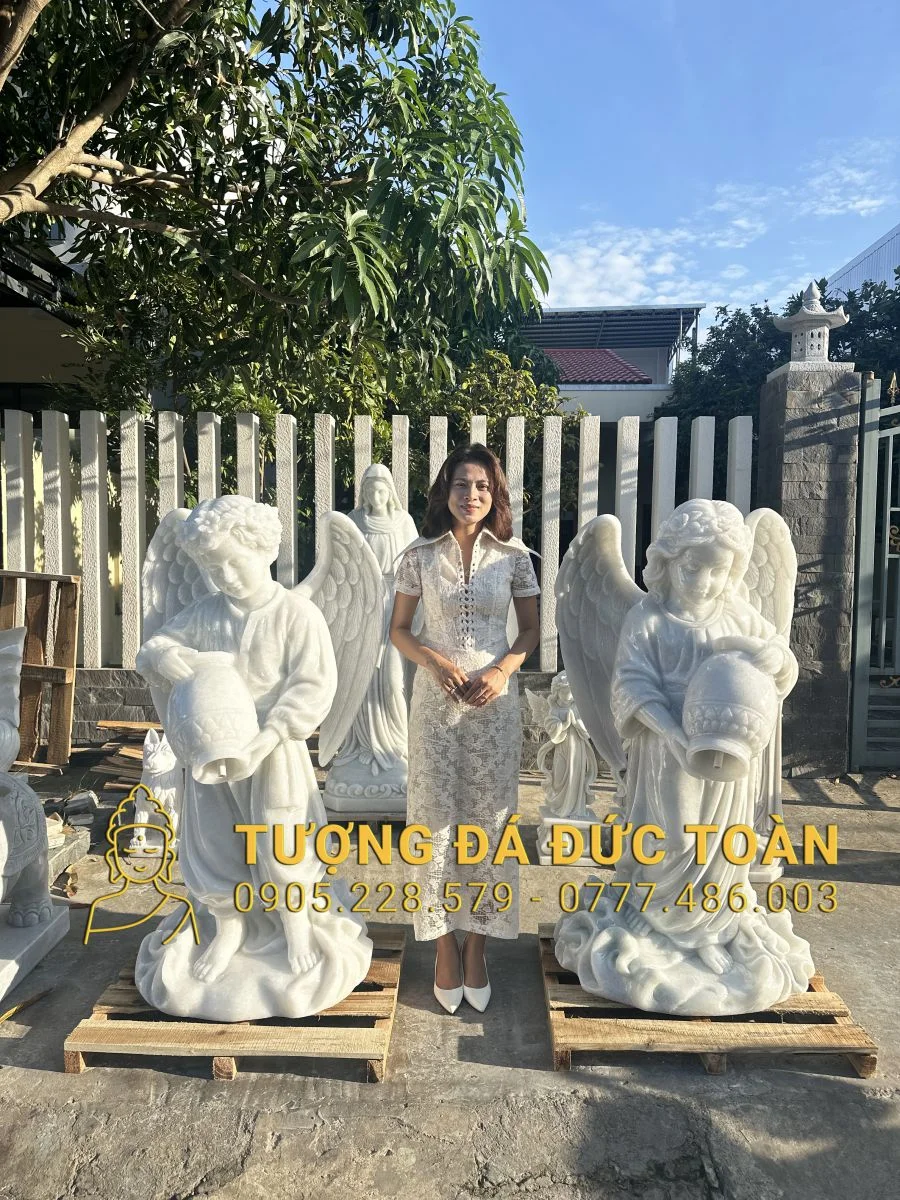CẶP ĐÔI TƯỢNG THIÊN THẦN ÔM BÌNH ĐỔ NƯỚC BẰNG ĐÁ CAO 1,4M