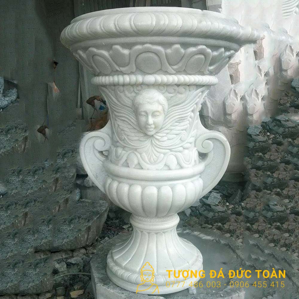 Chậu Hoa Đá Tự Nhiên Trắng Nguyên Khối