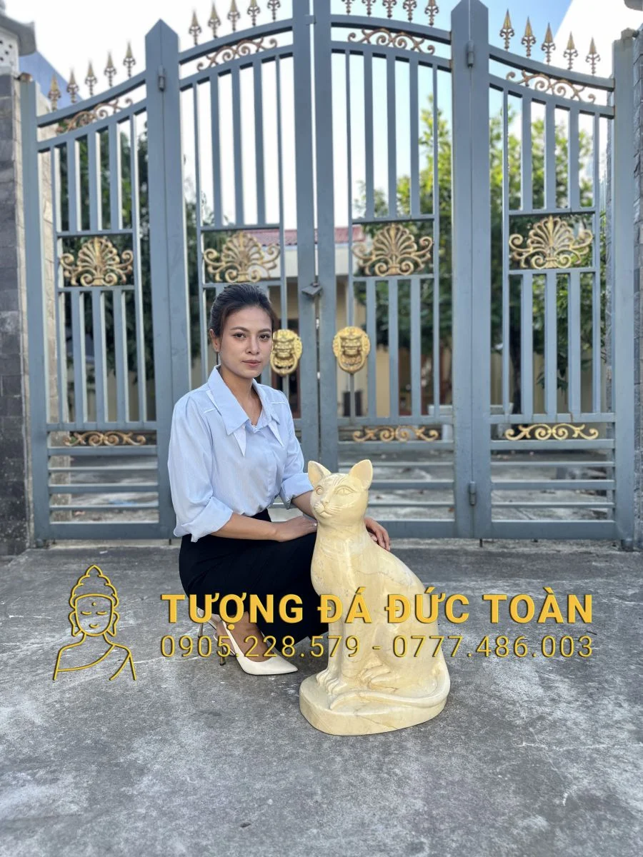 TƯỢNG MÈO ĐÁ CẨM THẠCH VÀNG CAO 60CM