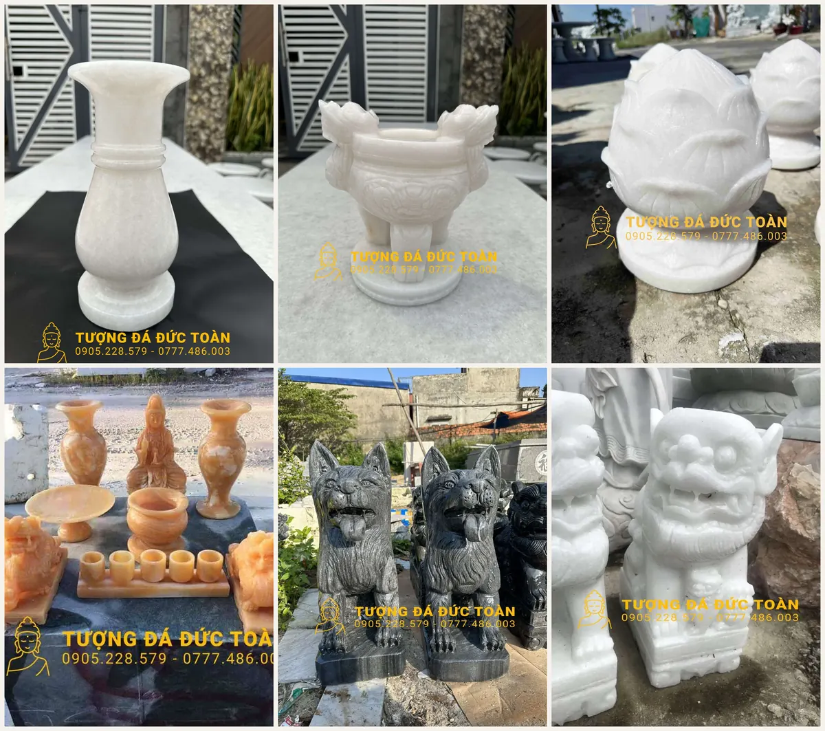 Đồ đá để mộ: bình hoa, lư hương, búp sen, chó đá, kỳ lân